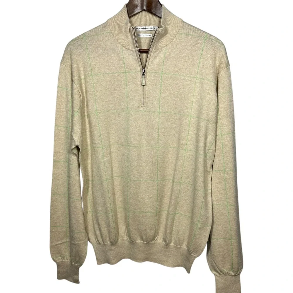 Peter‎ Millar Mens Quarter Zip Sweater Beige Green Plaid Cotton Cashmere Size M